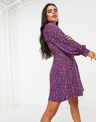 ASOS Petite DESIGN Petite mini tea dress with button detail in pink and purple ditsy print