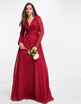 Thumbnail for your product : ASOS DESIGN Bridesmaid ruched waist maxi dress with long sleeves and pleat skirt in berry