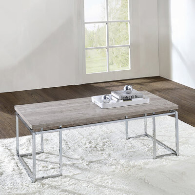 Latitude Run Modern Contemporary Natural Coffee Table With Chrome Finish Frame And Display Shelf For Stylish Living Rooms.