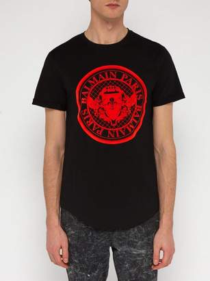 Balmain Flocked Logo Cotton T Shirt - Mens - Black Red