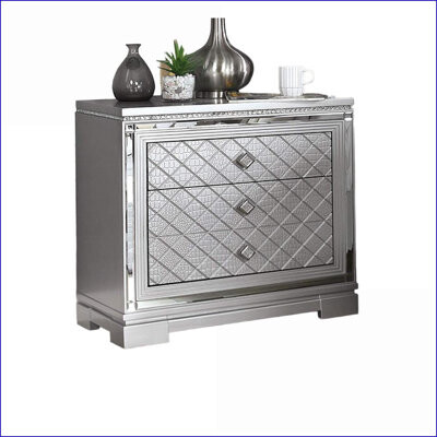 Latitude Run Glam Silver Nightstand with USB Charger & Hidden Jewelry Drawer
