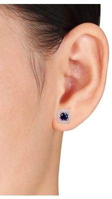Concerto 10K White Gold Halo Birthstone Stud Earrings with 0.07 TCW Diamond