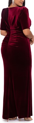 Xscape Evenings Ruched Puff Sleeve Velvet Gown