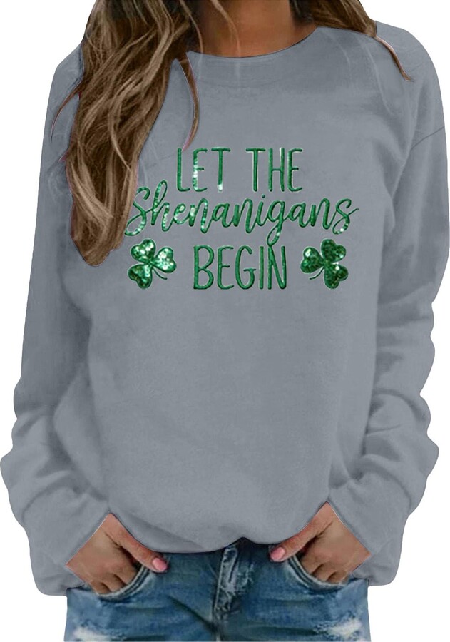 Generic Women's Holiday Letter Print St Patrick's Day Sweatshirt Crewneck Long Sleeve Casual Pullover Festival Celebration Fun Outdoor Party Grey