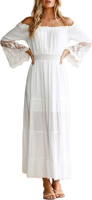 Diukia Maxi Dress for Women Casual Beach Summer Sexy Off Shoulder Swiss Dot Wedding Long Dress Flowy Boho Ruffle Strapless Dresses Ladies Elegant Gown Dress for Party Bride Date Prom Evening White M