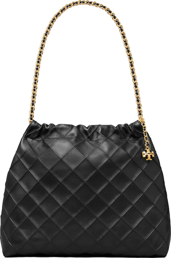 Tory Burch 'fleming' Black Diamond Quilted Shoulder Bag With Chain-link Handles In Leather Woman