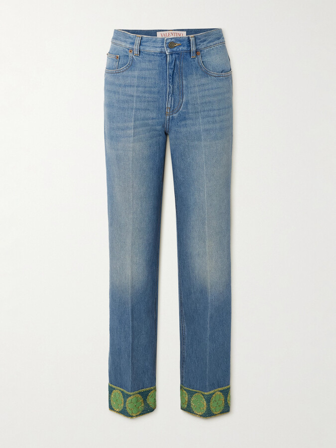 Valentino Garavani - Metallic Jacquard-trimmed Straight-leg Jeans - Blue