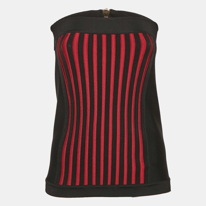 Balmain Black Knit Corset Zip-Up Strapless Crop Top M