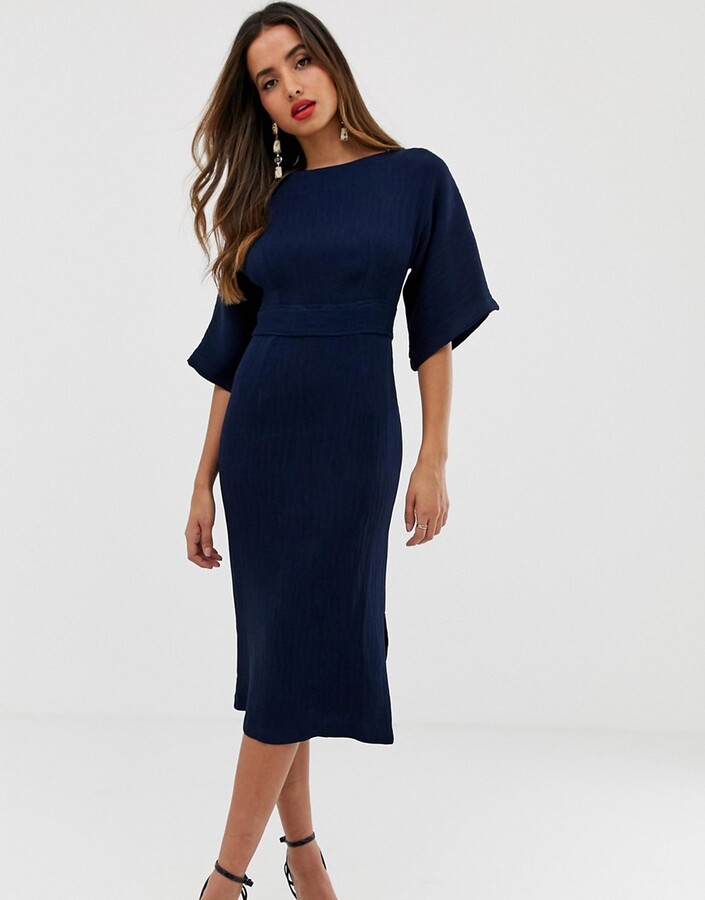 Closet London ribbed pencil dress with tie belt in navy - ShopStyle