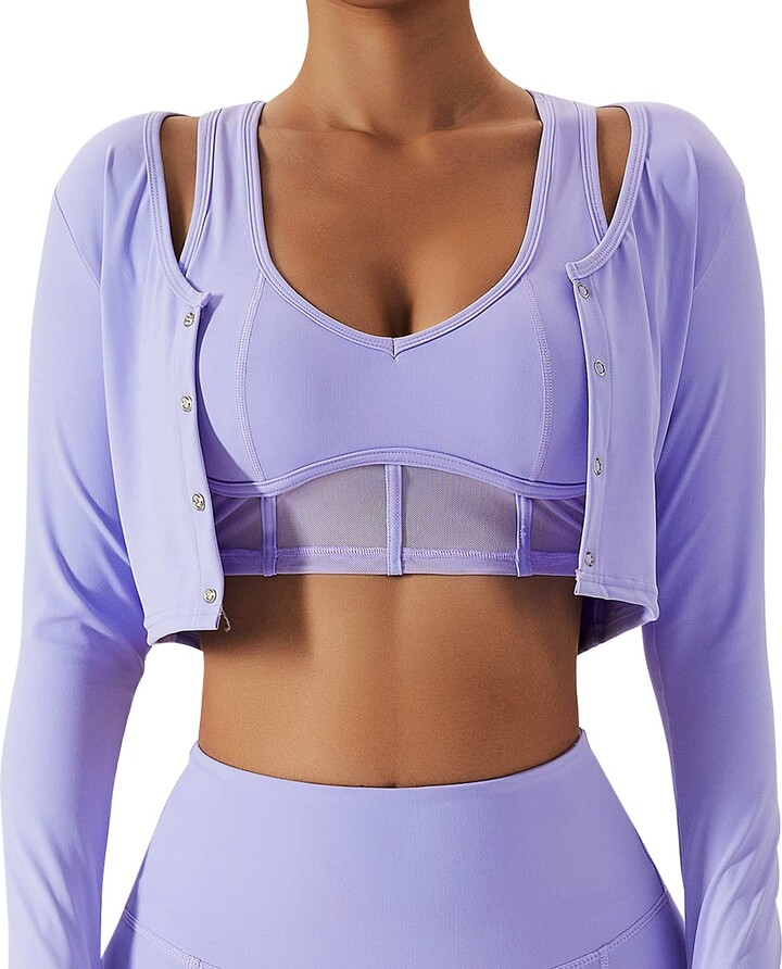 Panegy Womens Workout Top Gym Moisture Wicking Stretchy Crop Tops Long  Sleeve Jacket with Button Slim Fit Fitness Yoga Running Tank Tops for  Ladies Purple L - ShopStyle