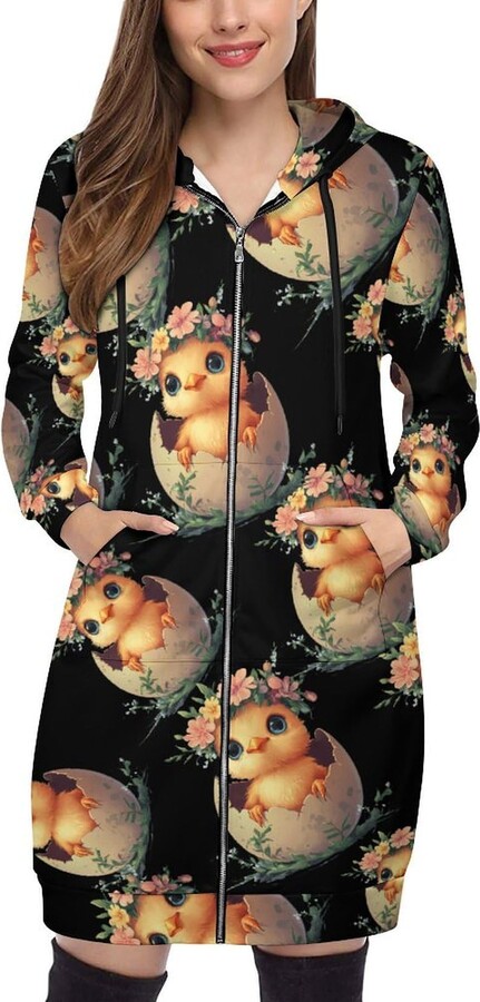 Generic Hatching Chick Flowers Long Hoodies for Women Hooded Sweatshirts Warm Winter Coats Jackets with Pocket