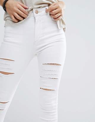 ASOS Petite Ridley Full Length High Waist Skinny Jeans In White With Shredded Rips