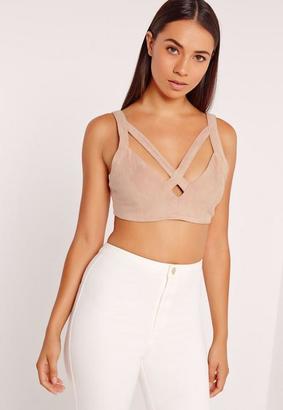 Missguided Faux Suede Cross Strap Crop Top Nude
