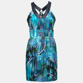 Matthew Williamson Blue Orchid and Stripe Print Silk Sleeveless Dress M