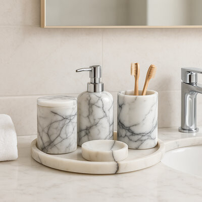 SpiritHome 5 Pieces 100% Marble Bathroom Set Soap Dispenser Bar Soap Holder Toothbrush & Cotton Swab Holder Vanity Tray