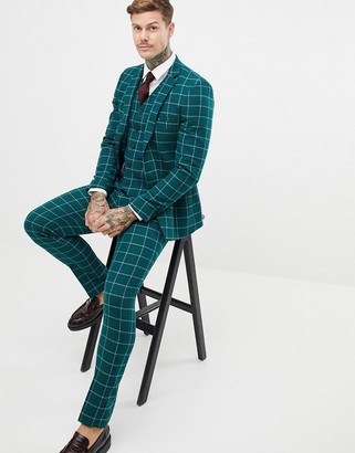 ASOS DESIGN skinny suit jacket in forest green windowpane check