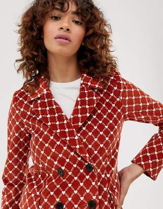 Monki heart chain print cord double breasted co-ord blazer in rust-Brown