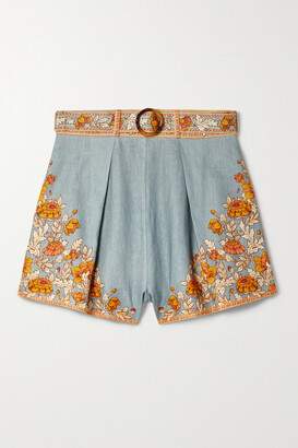 Zimmermann Andie Belted Pleated Floral-print Linen Shorts