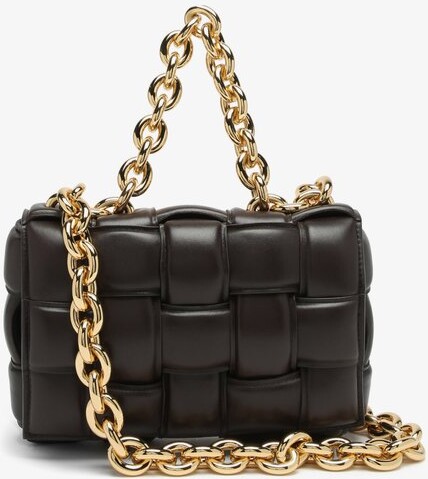 brown bolsa with gold chain