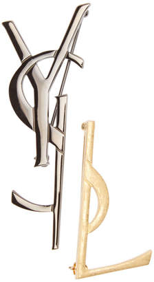 Saint Laurent Gold and Gunmetal Deconstructed Monogram Brooch Set