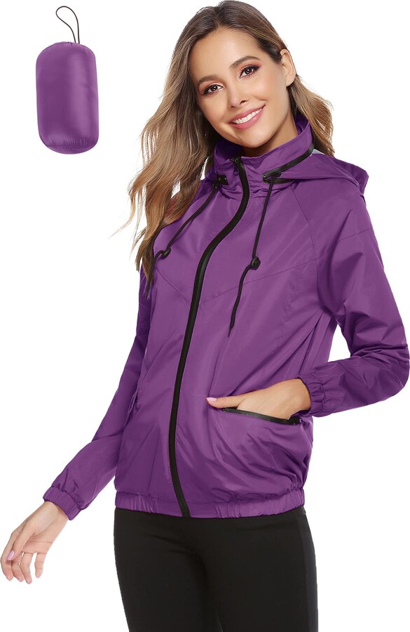 NISHUO Women Fashion Rain Jackets,Waterproof Hooded Raincoat,Outdoor Hiking Long Sleeve Zipper Trench Coats,Lightweight Breathable Rain Coat for Women 