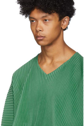 Issey Miyake Homme Plisse Green Pleated V-Neck Long Sleeve T-Shirt