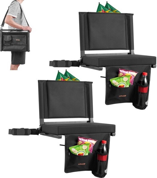 VEVORFoldingStadiumSeatPaddedBleacherChairwithBackSupportCushionShoulderStrapCupHolderHooks&SidePocketBlack