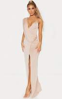 Thumbnail for your product : PrettyLittleThing Nude Textured Slinky Asymmetric Drape Maxi Dress