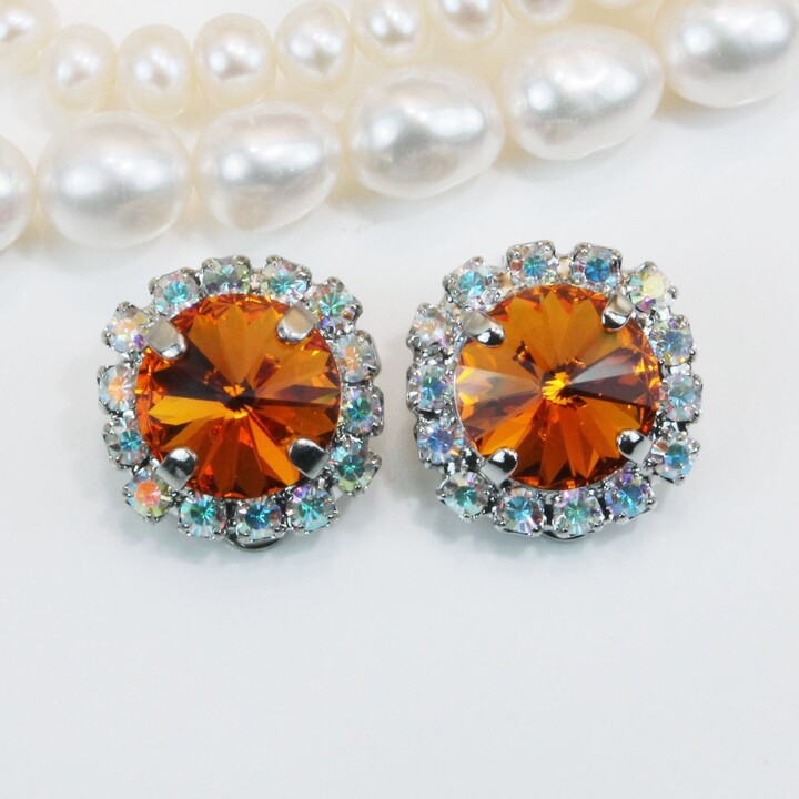 Etsy Orange Clip On Earrings, Tangerine Crystal Ab Halo Ons, Bridesmaid Gift, Wedding Jewlery, Silver, Tangerine, Se97