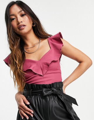 Vesper bardot top with frill detail in rose pink