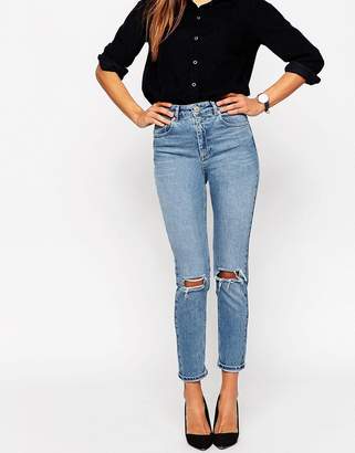 ASOS DESIGN Farleigh high waist slim mom jeans in prince wash with busted knees