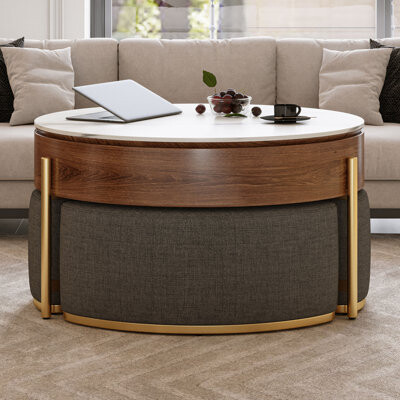 howcoolmall 31.5'' Elegant Round Lift-Top Coffee Table Set With Hidden Storage & Soft Nesting Ottomans Space-Saving Design