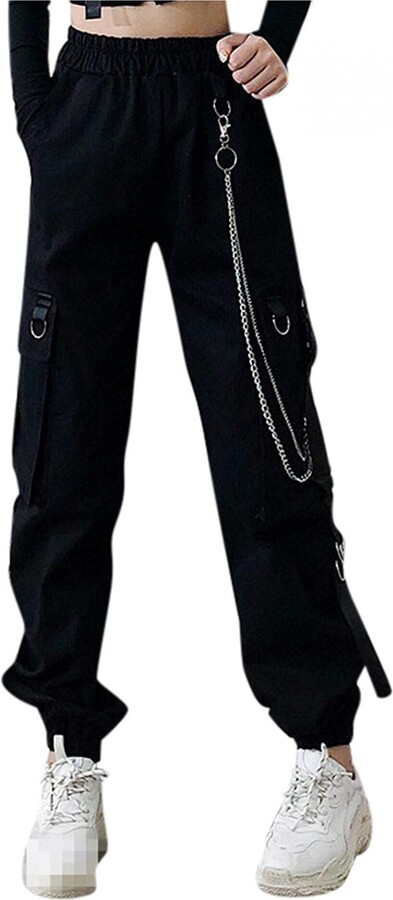 Stylish Women Cargo Pants High Waist Black Pants Button Pockets Design  Gothic Style Trousers Solid Color