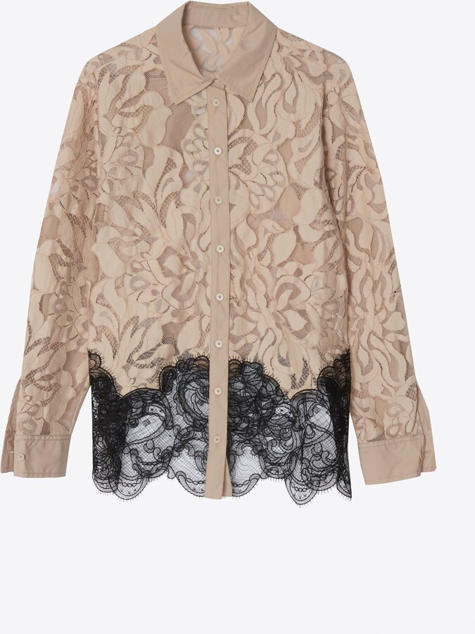 Corded Leaf Lace Long Sleeve Shirt in KHAKI MULTI