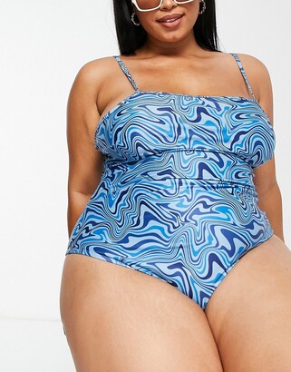 Brave Soul Plus square neck swimsuit with adjustable straps in blue swirl print