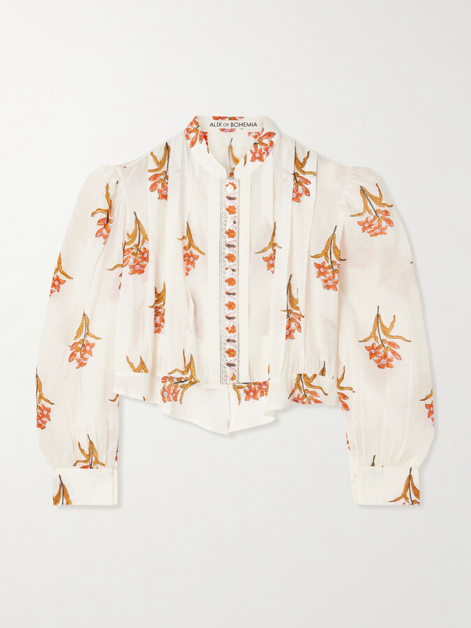 Alix of Bohemia Ryland Persimmon Cropped Pleated Floral-print Cotton-voile Blouse - Off-white