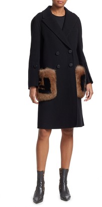 Fendi Long-Sleeve Fox Fur-Trim Pocket Logo Coat