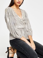 Thumbnail for your product : River Island Plisse V-neck Blouse - Silver
