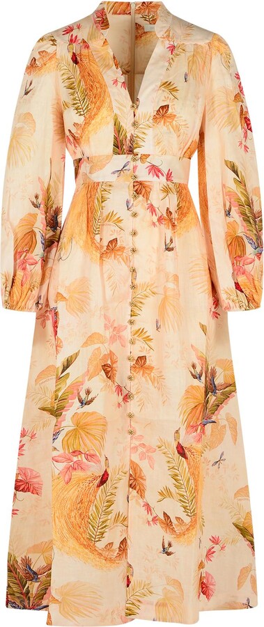 Zimmermann 'plunge' Low-cut Linen Dress In 'cream Palm Floral' Color