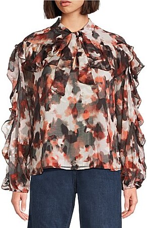 MelloDay Ruffle Woven Jacquard Tie Neck Long Sleeve Blouse