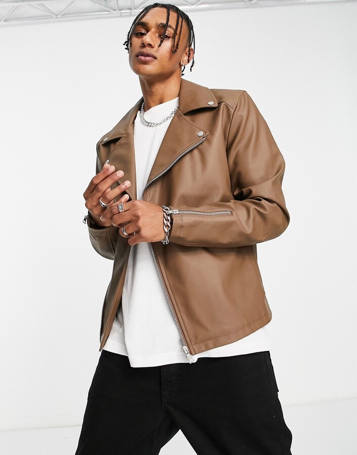 ASOS DESIGN faux leather moto jacket in brown - ShopStyle