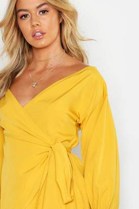 boohoo Petite Off The Shoulder Belted Wrap Blouse