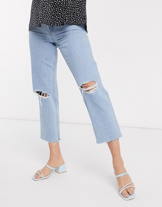 ASOS Maternity DESIGN Maternity Recycled Florence authentic straight leg jeans in blue wash with rip and raw hem side waistband