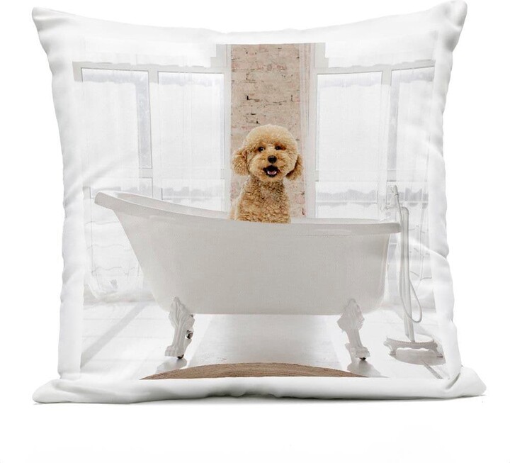 Happy Puppy in Bathtub White Square Outdoor Throw Pillow