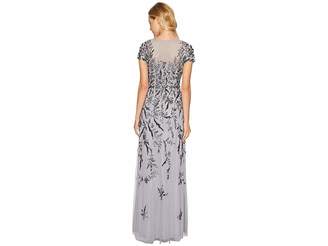 Adrianna Papell Short Sleeve Fully Beaded Gown with Illusion Neckline