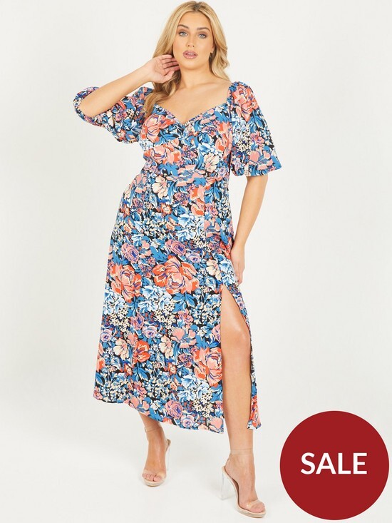 Quiz Curve Floral Midi Dress - Blue/Coral - ShopStyle