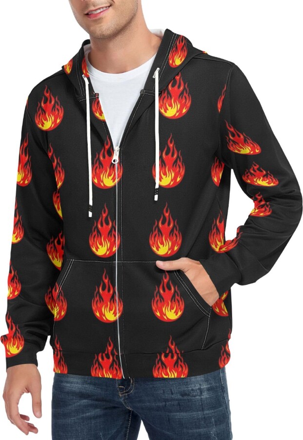 CUPADA Mens Full Zip Hoddie Flame Pattern on Black Long Sleeve Casual Sweatshirt with Pocket Jacket Fall Winter Coat