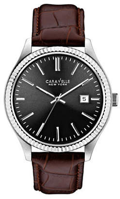 HBC CARAVELLE NEW YORK Analog Textured Bezel Stainless Steel Leather Strap Watch