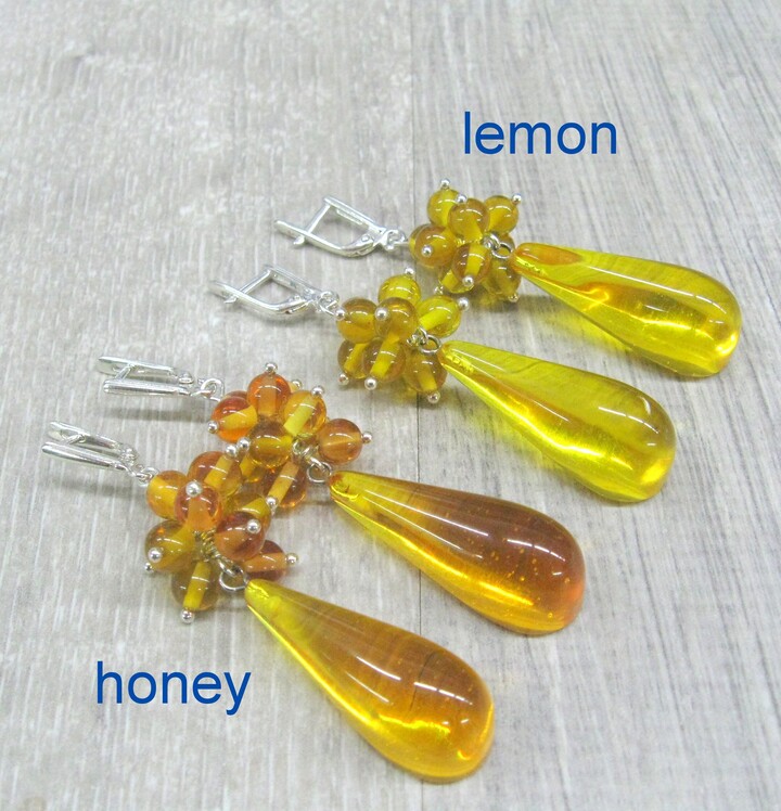 Etsy Extra Long Amber Teardrop Earrings in Sterling Silver Heat Processed Baltic Beads