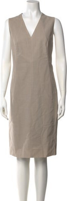 Akris Wool Shift Dress Neutrals Embroidered Accent Sleeveless with V-Neck Concealed Zip Closure at Back Designer
